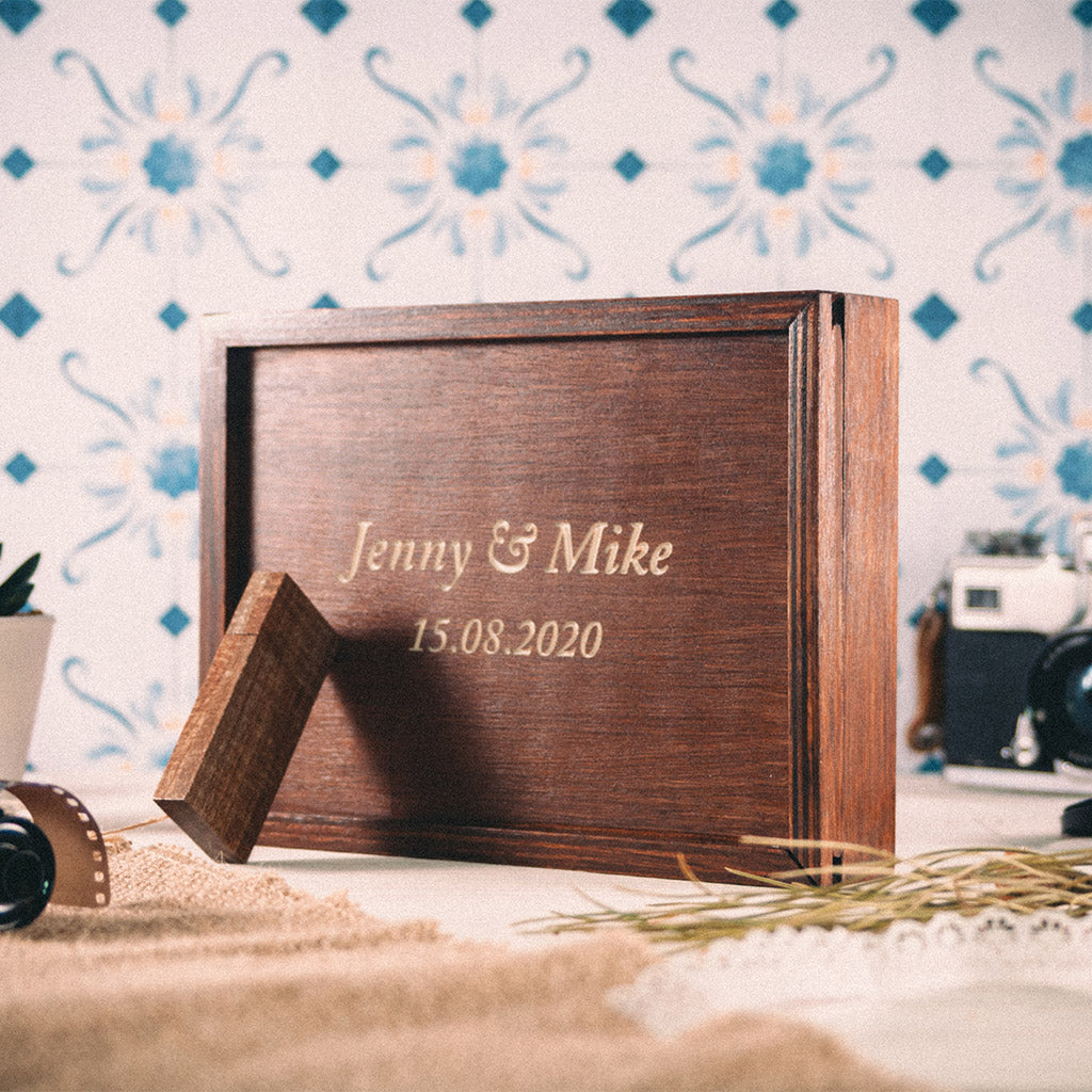 Personalized Photo Box with Lid - Walnut Finish - Fat USB